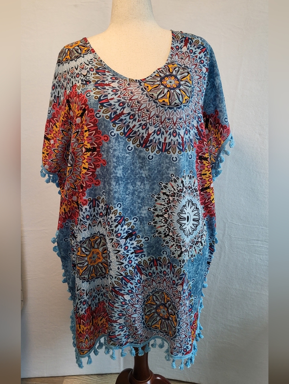 Blue Bohemian Medallion Tassel Tunic Swim Coverup Size 3X NWT